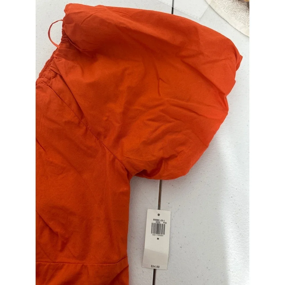 NWT Old Navy Womens Orange Puff Sleeve Smocked Back Square Neck Blouse Top Med